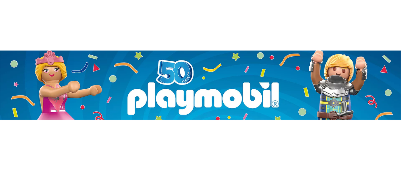Playmobil lelut Oran verkkokaupasta. Kuvassa Playmobilen 50v juhlabanneri. 