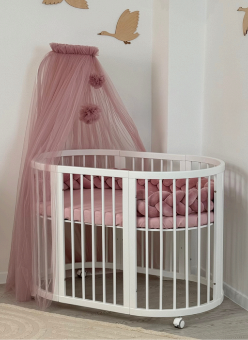 katosverho Ora Kielo ja Kanerva sänkyyn, murrettu roosa värissä