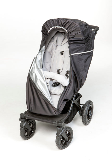 Sadesuoja lastenrattaissa auki