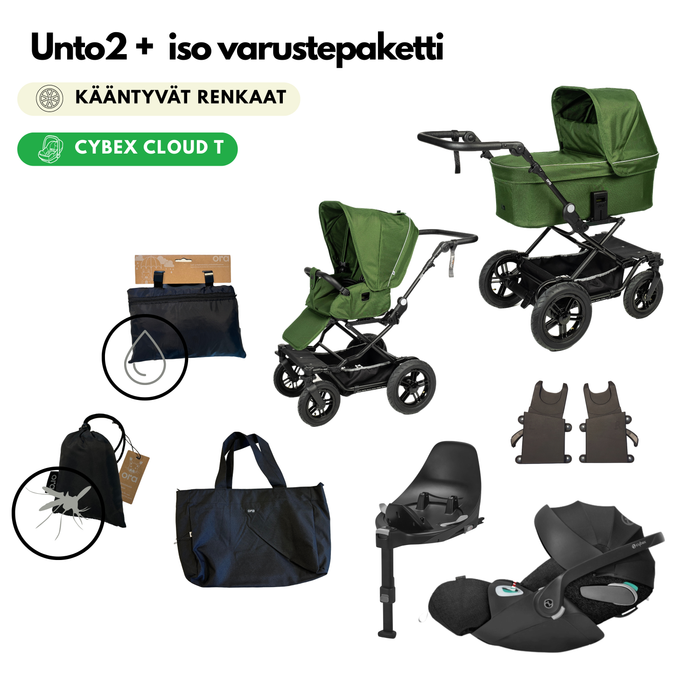 Iso starttipaketti Unto2 kääntyvät renkaat (Yhdistelmävaunut, Cloud T PLUS turvakaukalo, jalusta, adapterit, lisätarvikkeet)