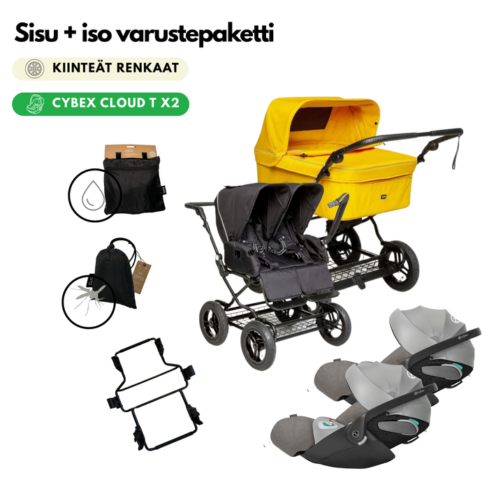 Sisu Starttipaketti kaksosille (Yhdistelmävaunut kiinteillä renkailla, kaukalot, adapterit, lisävarusteet)