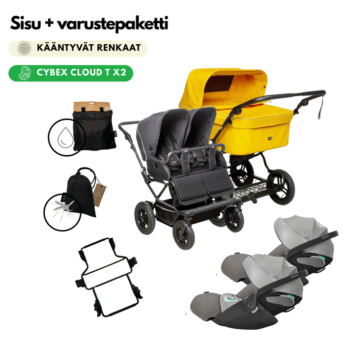 Sisu Starttipaketti kaksosille (yhdistelmävaunut kääntyvillä renkailla, kaukalot, adapterit, lisävarusteet)