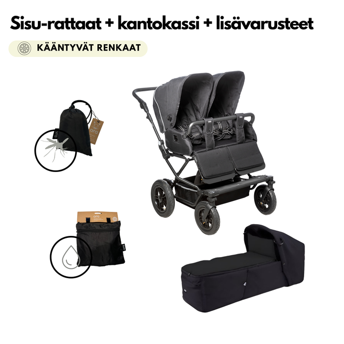 Sisu Starttipaketti sisaruksille (Tuplarattaat kääntyvillä renkailla, kantokassi vauvalle, lisätarvikkeet)