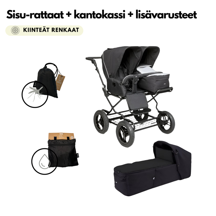 Sisu Starttipaketti sisaruksille (Tuplarattaat kiinteillä renkailla, kantokassi vauvalle, lisätarvikkeet)