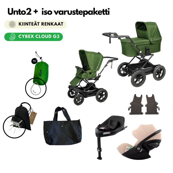 Iso starttipaketti Unto2 kiinteillä renkailla (Yhdistelmävaunut, Cloud G3 turvakaukalo, jalusta, adapterit, lisätarvikkeet)
