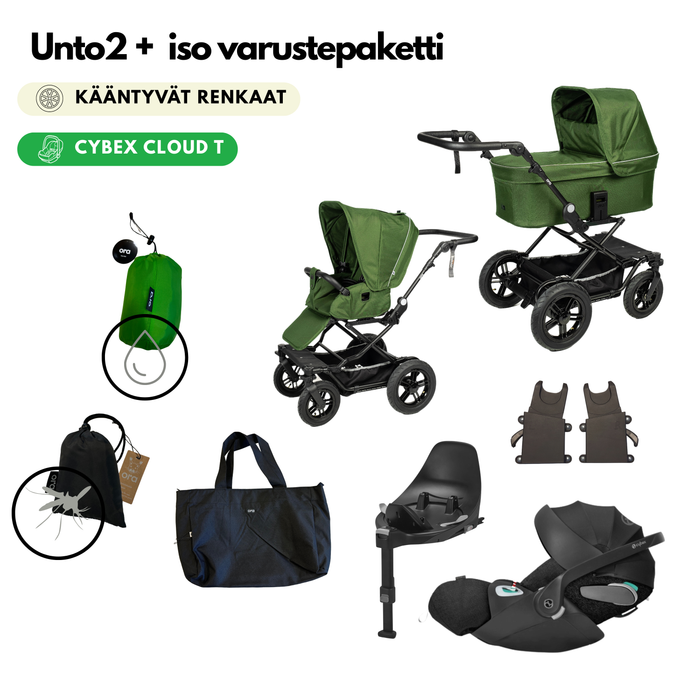 Iso starttipaketti Unto2 kääntyvät renkaat (Yhdistelmävaunut, Cloud T PLUS turvakaukalo, jalusta, adapterit, lisätarvikkeet)